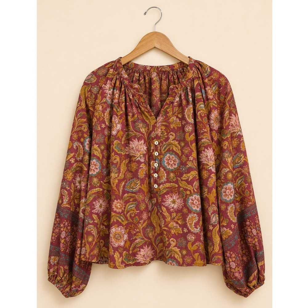 Natural Life Get Up & Go Top Women Medium Red Floral Blouse Boho Cottagecore